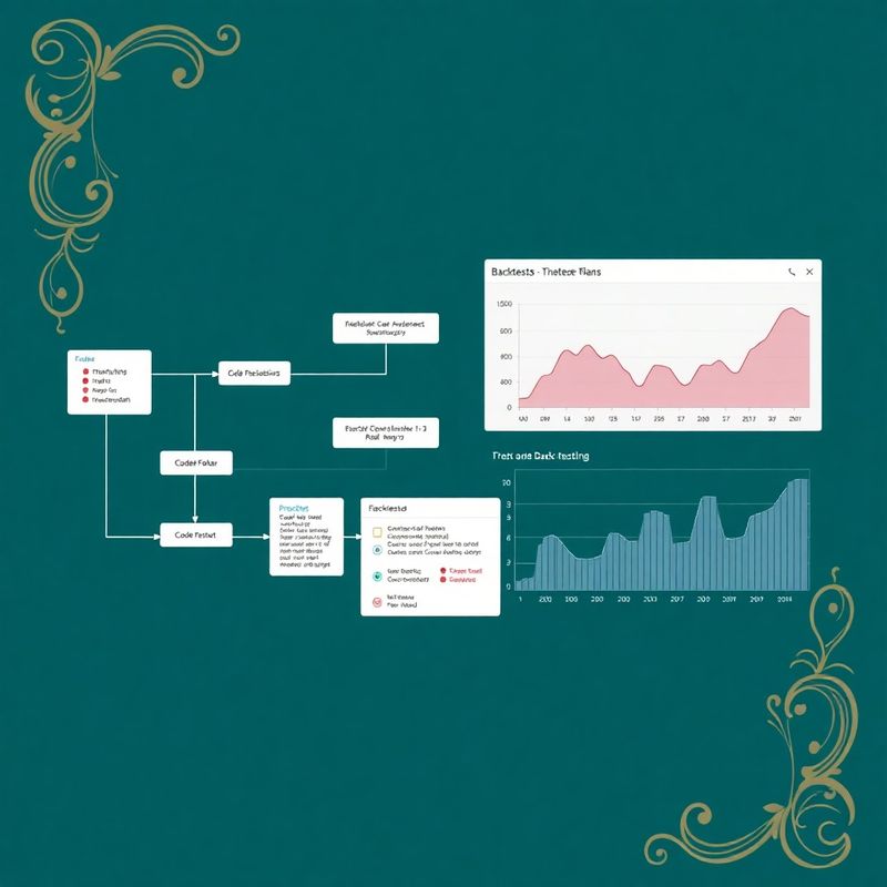 Minimal-UI workflow diagram s editorem kódu a backtestovým grafem